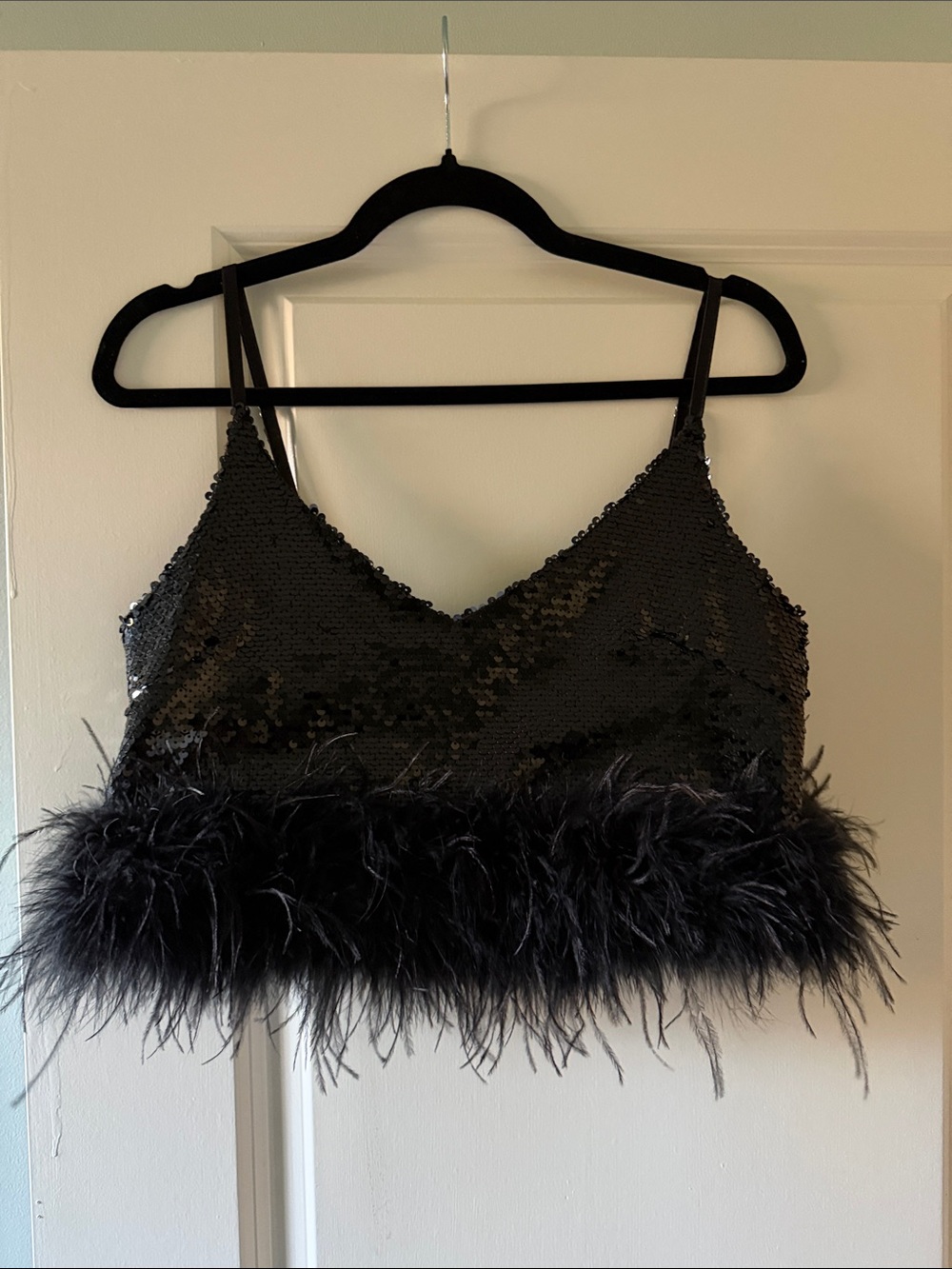 Black Sequin Feather Trim Cami Top